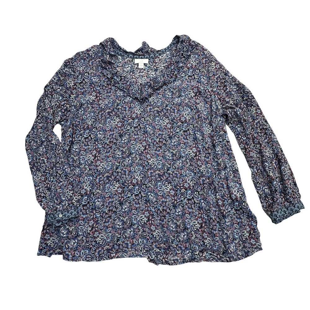 J Jill Shirt Womens XL Blue Paisley Ruffle V Neck Tunic Top Long Sleeve Boho